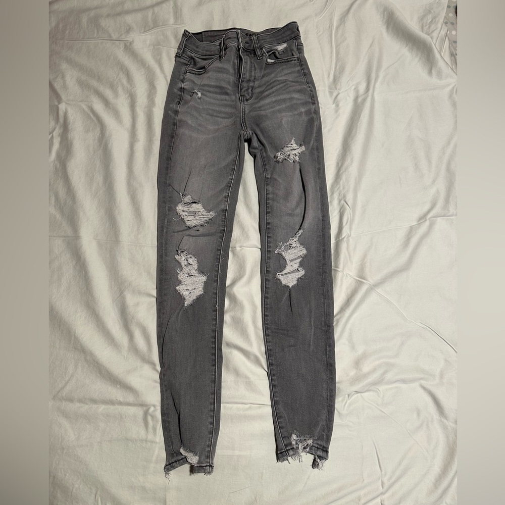 gray, ripped jeans